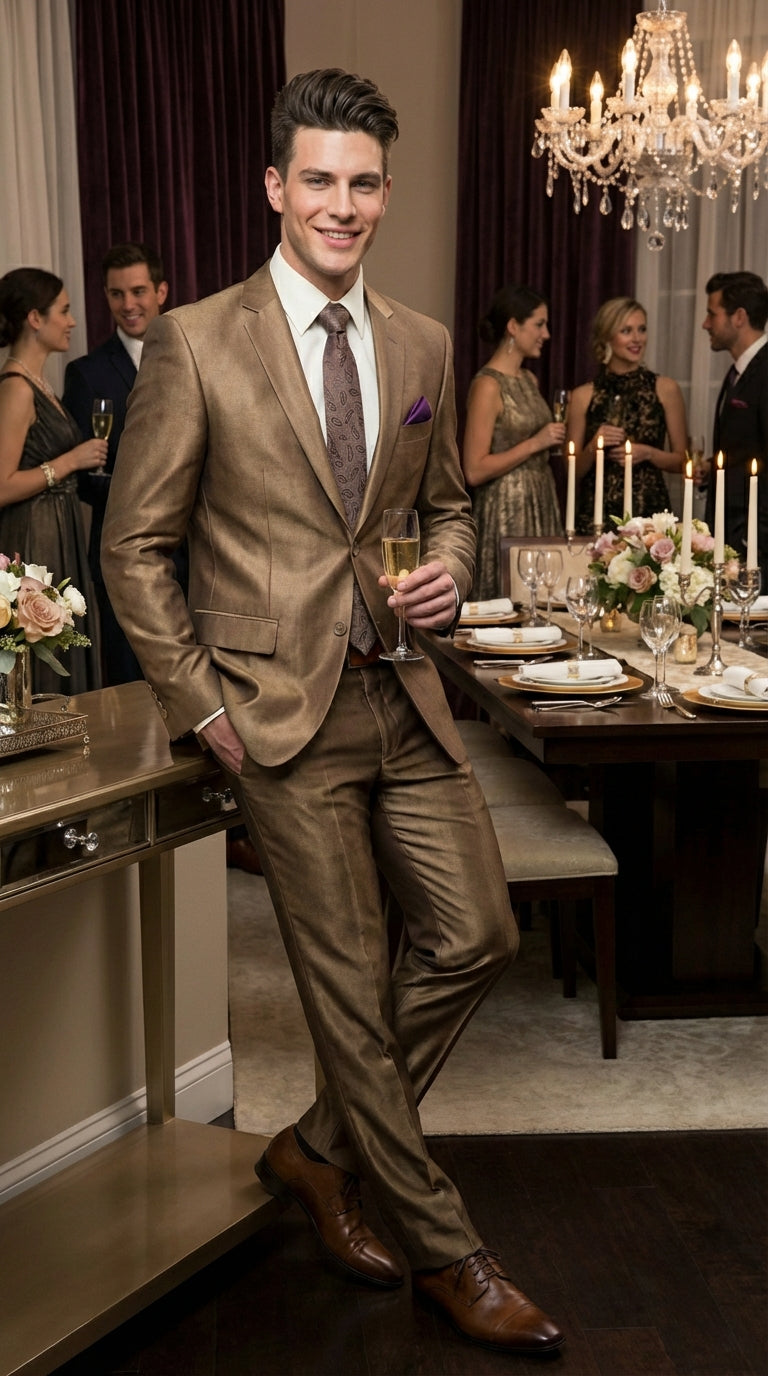 Mens Gold Brown Tan Beige Khaki Bronze Formal Suit – Luxury Metallic Finish Wedding and Prom Suit for Men - 34 Short or Extra Small