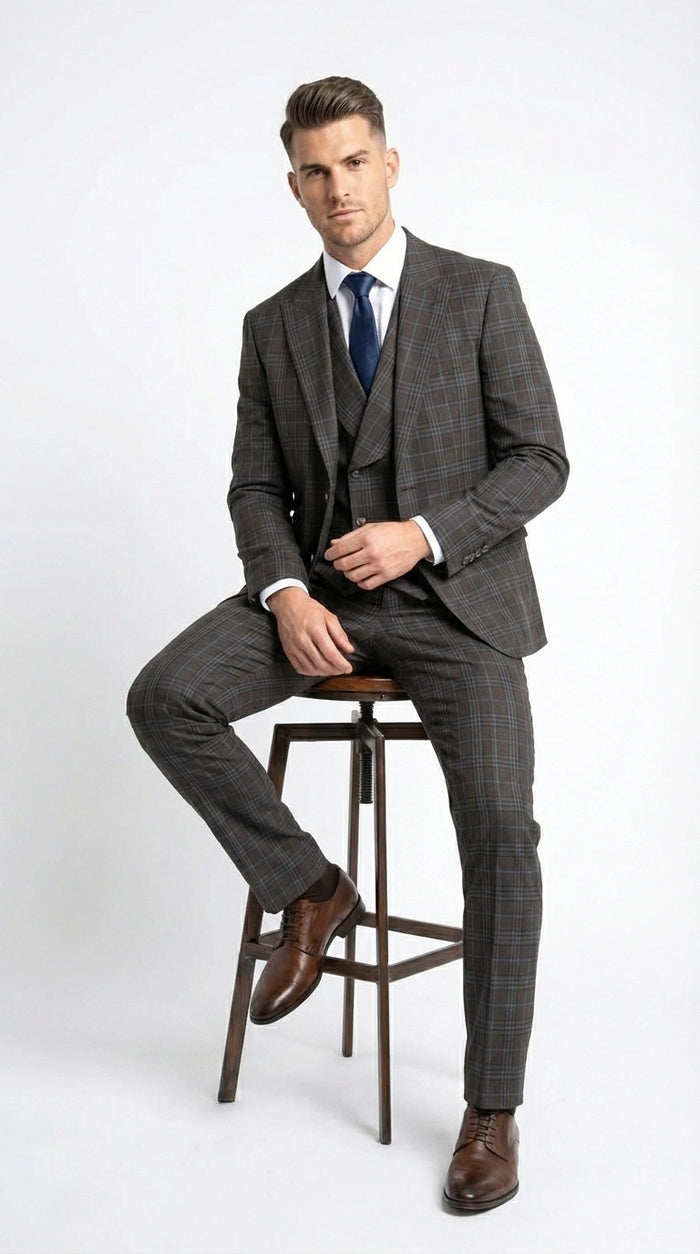 Vitali Men’s Brown Grey with blue Check 3 Piece Suit – Classic Plaid Formal Suit Set with Blazer, Vest & Trousers, Business Wedding Party Wear for Men Modern Fit