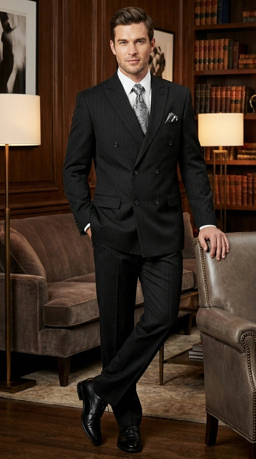 Men’s Black Pinstripe Double Breasted Suit – Peak Lapel Classic Fit Formal Business Conservative settle stripe