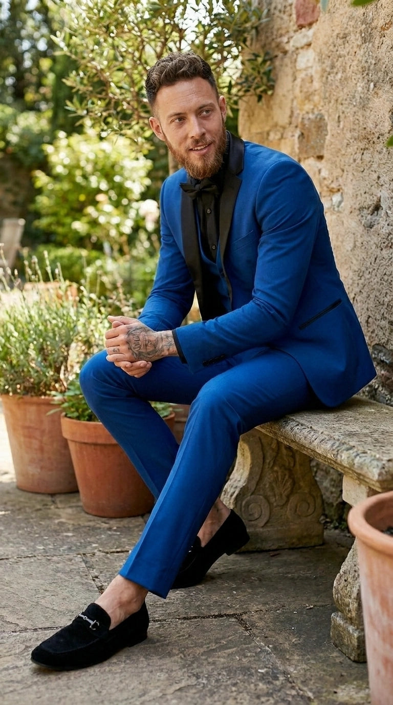 Men’s Royal Blue 3 Piece Suit with Black Lapel – Modern Formal Suit for Wedding, Prom and Party Wear - 34 Short or Extra Small