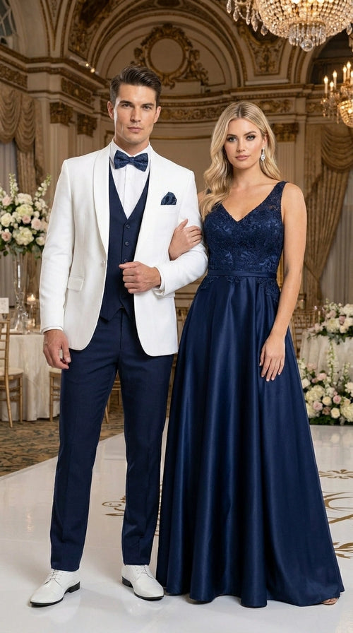 Men’s White and Navy blue tuxedo  3 Piece Suit – Classic White Blazer with Navy Vest and Pants for Wedding, Party + Bowtie