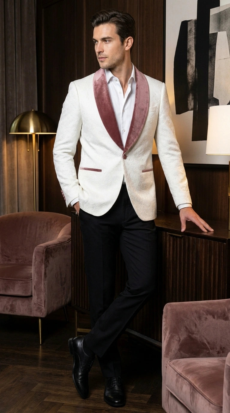 Men’s Ivory and Rose gold Floral Blazer – Elegant Shawl Lapel Formal Blazer Jacket for Wedding, Party, Prom - 36 Short