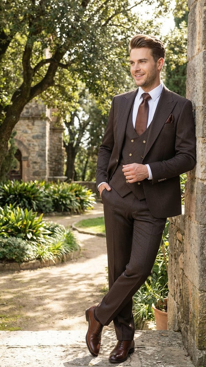 Mens Chocolate Brown Textured 3-Piece Suit Luxury Double-Breasted Vest Formal Set