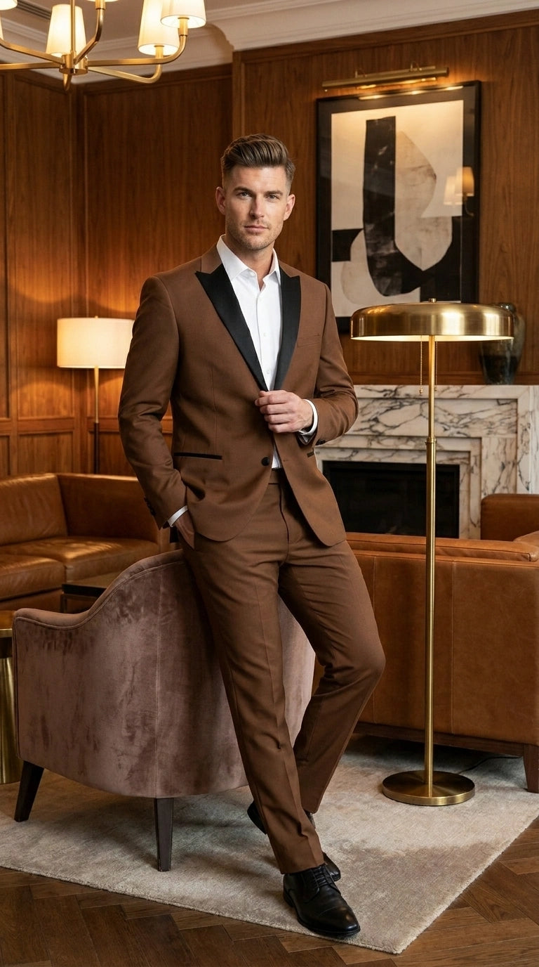 Men’s Light Brown Vested Piece Suit – Elegant Formal Suit with Contrast Lapel for Wedding, Party - 34 Short or Extra Small