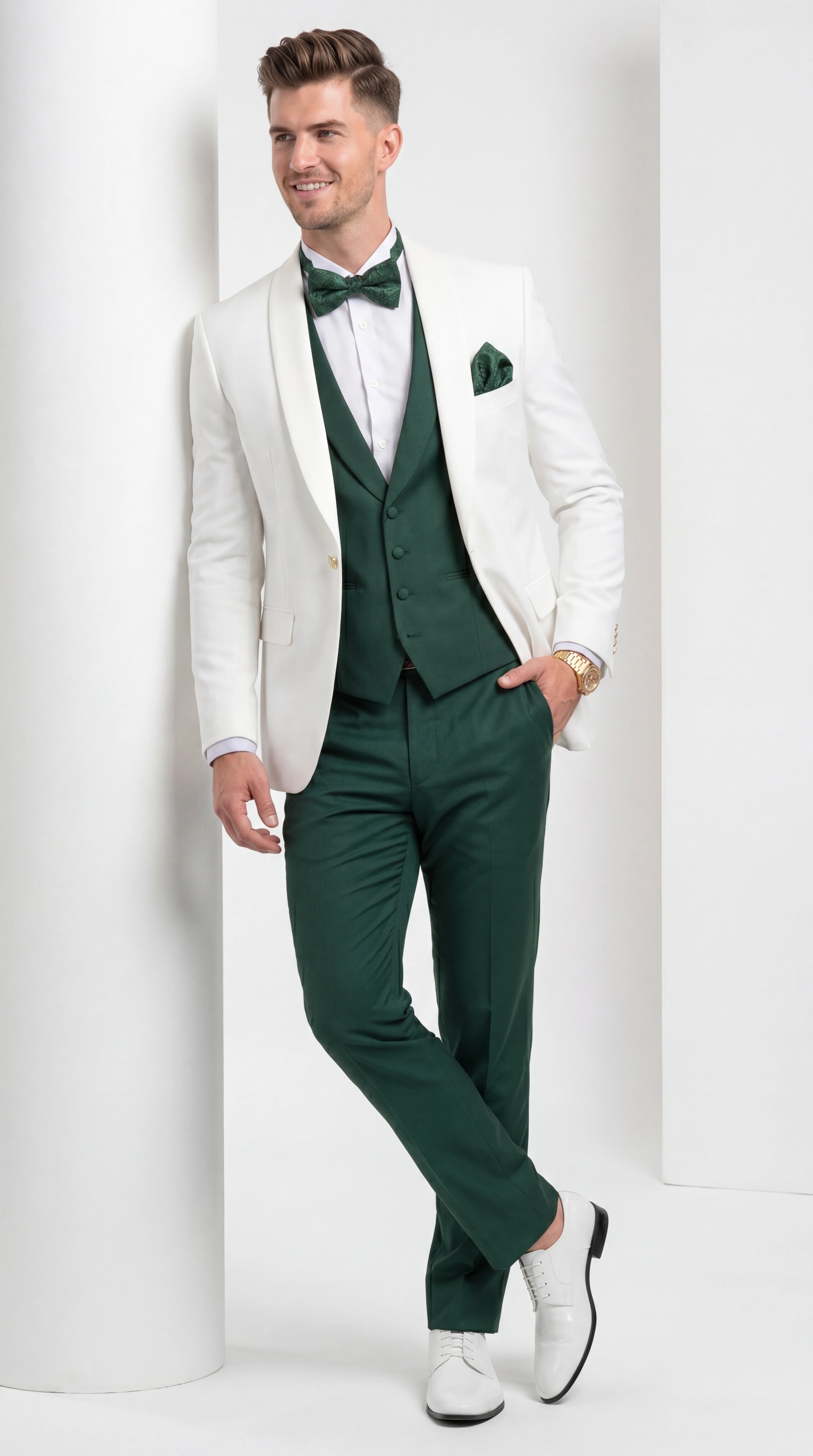 Men’s White and Hunter Green 3 Piece Suit – Elegant Formal Suit with Vest, Wedding Tuxedo Suit for Prom and Party Wear - 34 Short or Extra Small