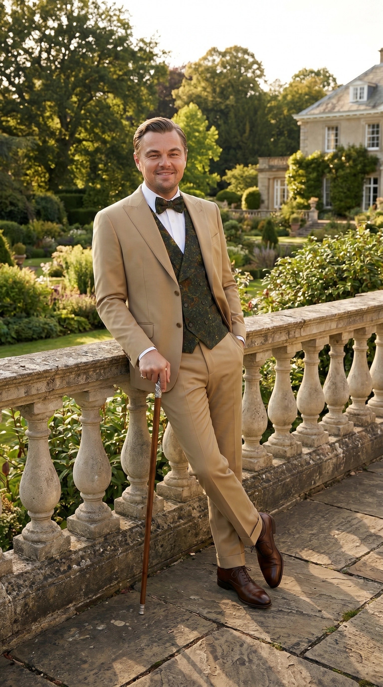 Men’s Khaki 3 Piece Suit with Patterned Vest, Great Gatsby Inspired Formal Suit for Weddings, Mardi Gra in Tan Camel Color - 34 Short or Extra Small