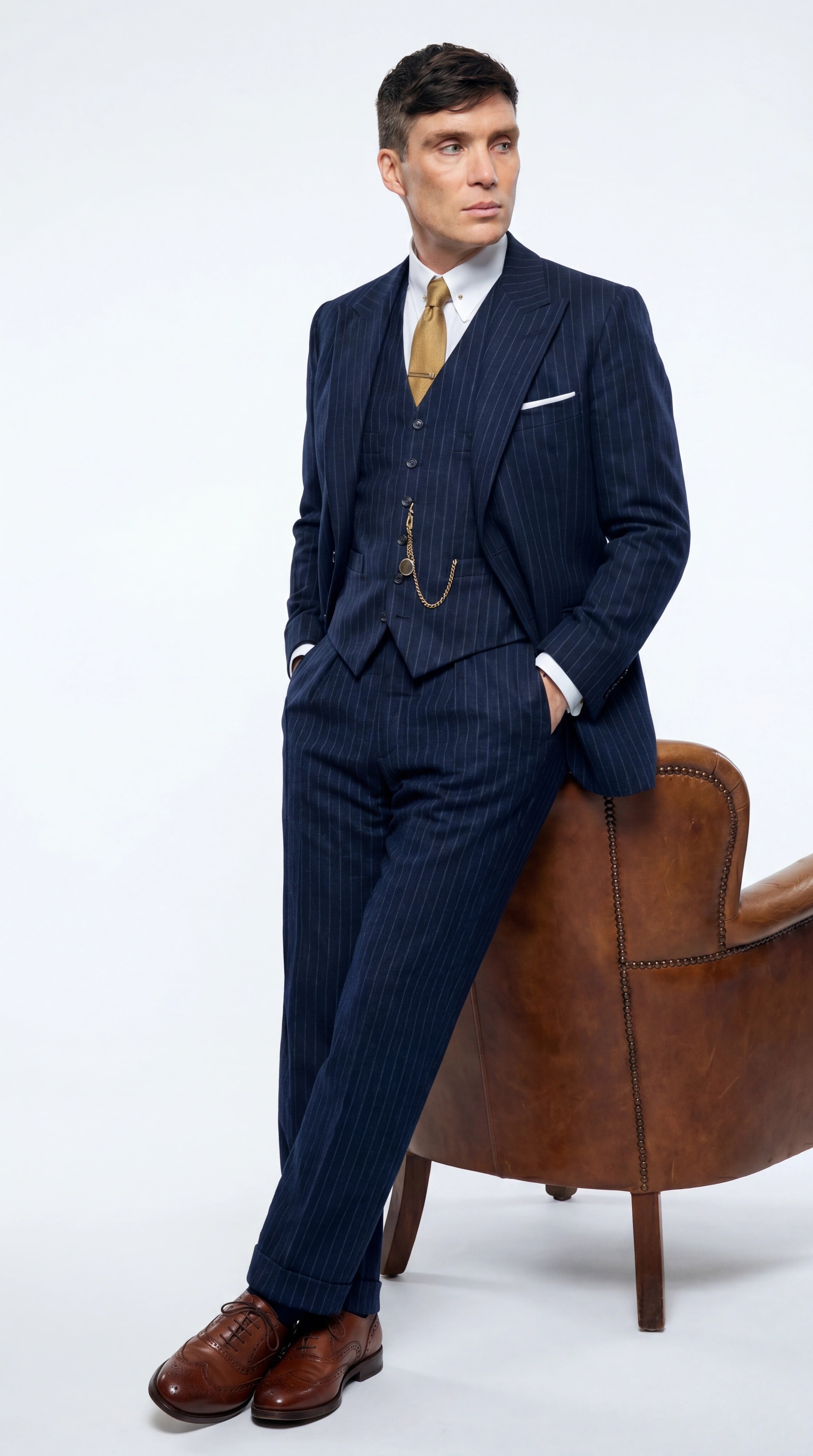 Men’s Navy Blue Pinstripe 3 Piece Suit, Thomas Shelby Inspired Vintage Formal Suit for Weddings, Parties, Prom, and Special Events - 34 Short or Extra Small