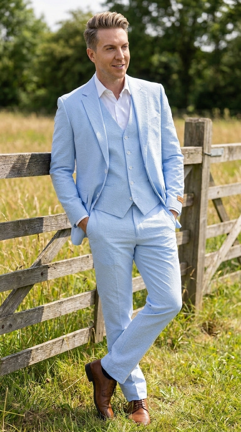 Men’s Blue Pinstripe Seersucker Suit with Jacket and Pants, Big and Tall Kentucky Derby Summer Suit