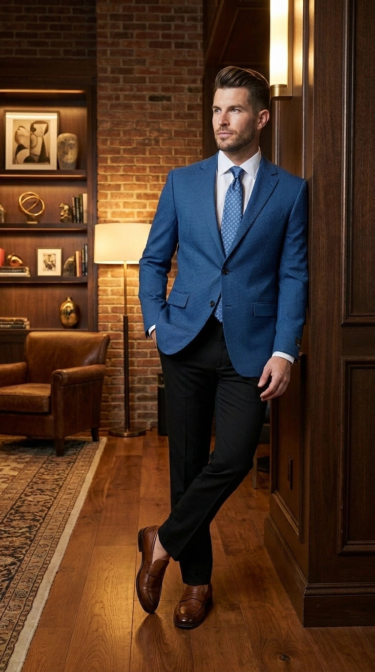 Men’s Blue Houndstooth Blazer Jacket, Check Pattern Formal Sport Coat for Weddings, Prom, Parties, and Special Occasions - 36 Short