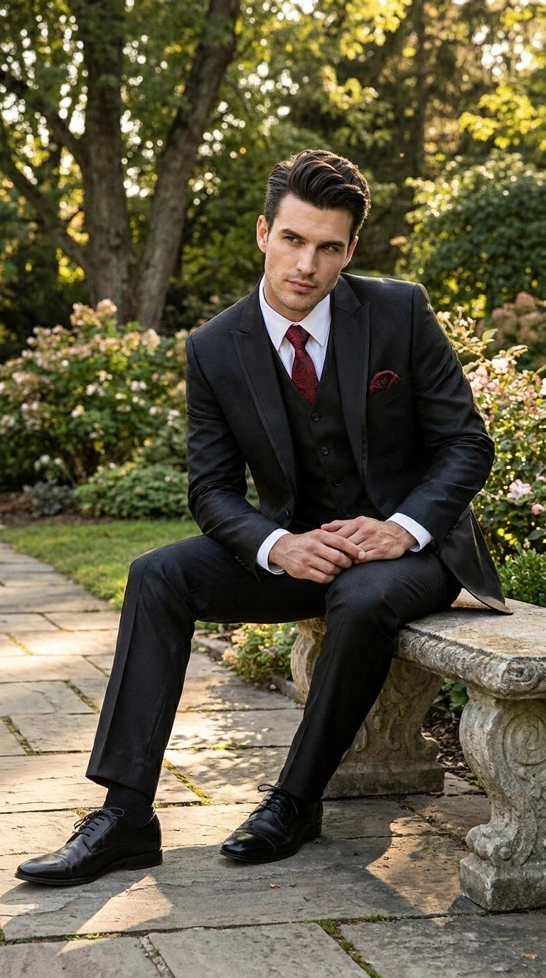 Men’s Black Shiny 3 Piece Tuxedo Groom Suit, Formal Vest Suit for Weddings, Prom, Black Tie Events, Black Lapel - 34 Short or Extra Small