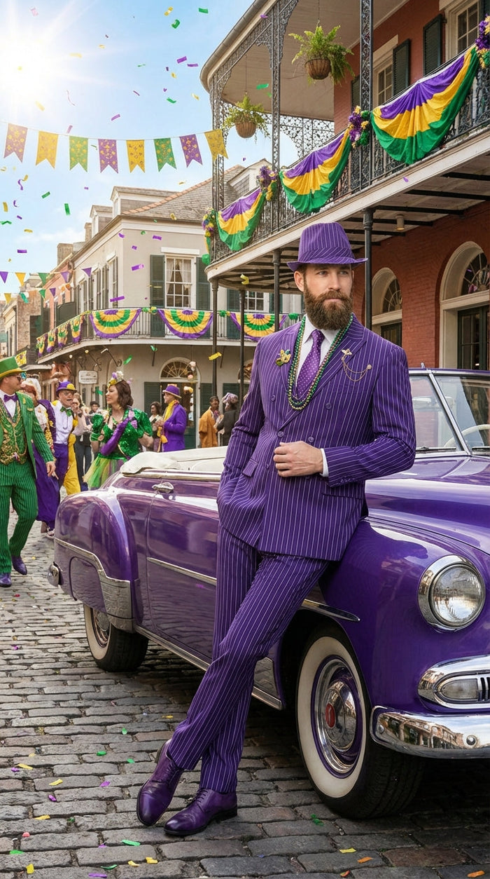 Mens Purple Pinstripe Mardi Gras Suit | Classic Double Breasted Formal Carnival Suit