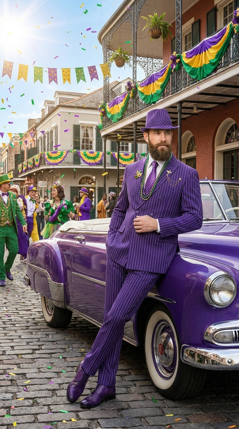 Mens Purple Pinstripe Mardi Gras Suit | Classic Double Breasted Formal Carnival Suit