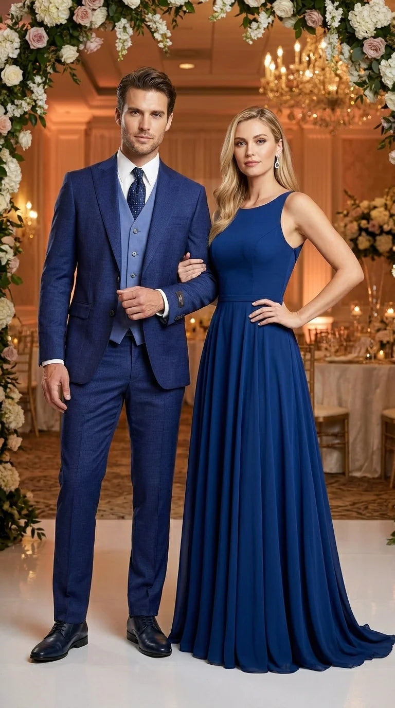 Vitali Men’s Navy Blue 3 Piece Suit with Light Blue Vest, Textured Formal Dress Suit for Weddings, Prom, Business Events, and Parties - 34 Short or Extra Small