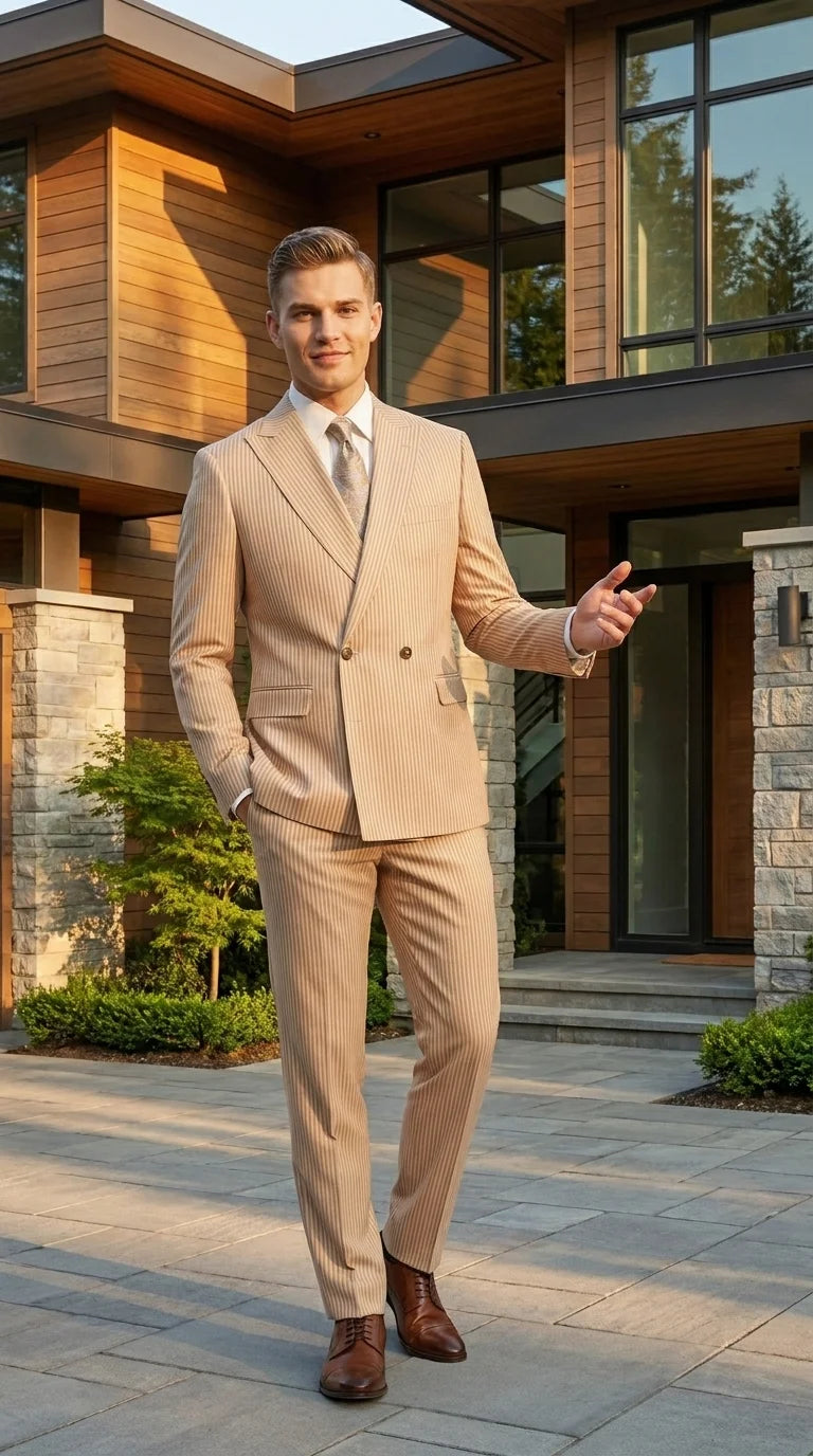 Vitali Men’s Tone on Tone Beige Pinstripe 2 Piece Suit, Double Breasted Summer Dress Suit for Weddings, Tan Beige Shadow Pinstripe - 34 Short or Extra Small