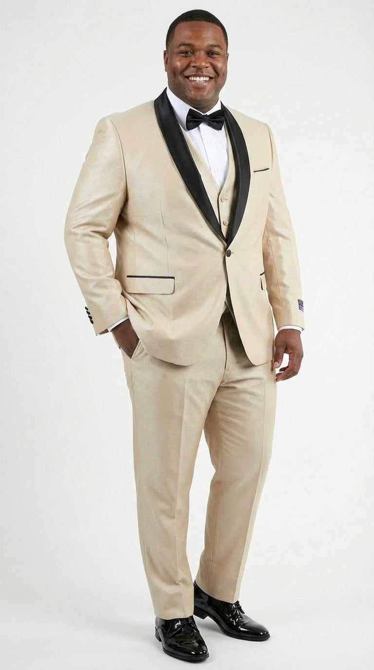 Mens Champagne Beige Shiny Tuxedo 3 Piece Suit with Black Shawl Lapel | Formal Wedding Prom Suit Set in Sand Light Tan Color