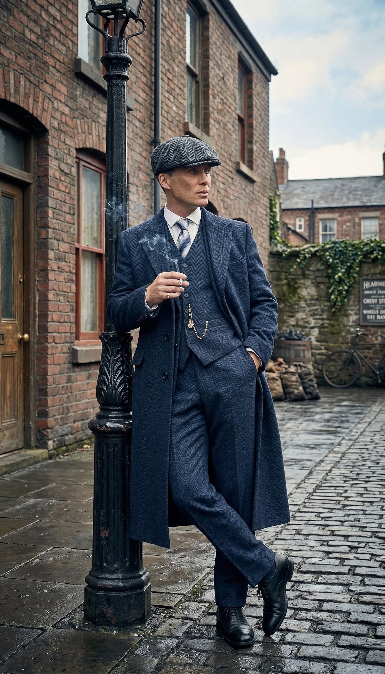 Men’s Navy Blue Herringbone Tweed  1920s 3 Piece Suit with Overcoat – Vintage Peaky Blinder Style Formal Suit Set with Blazer, Waistcoat + Overcoat + Hat - Navy Blue