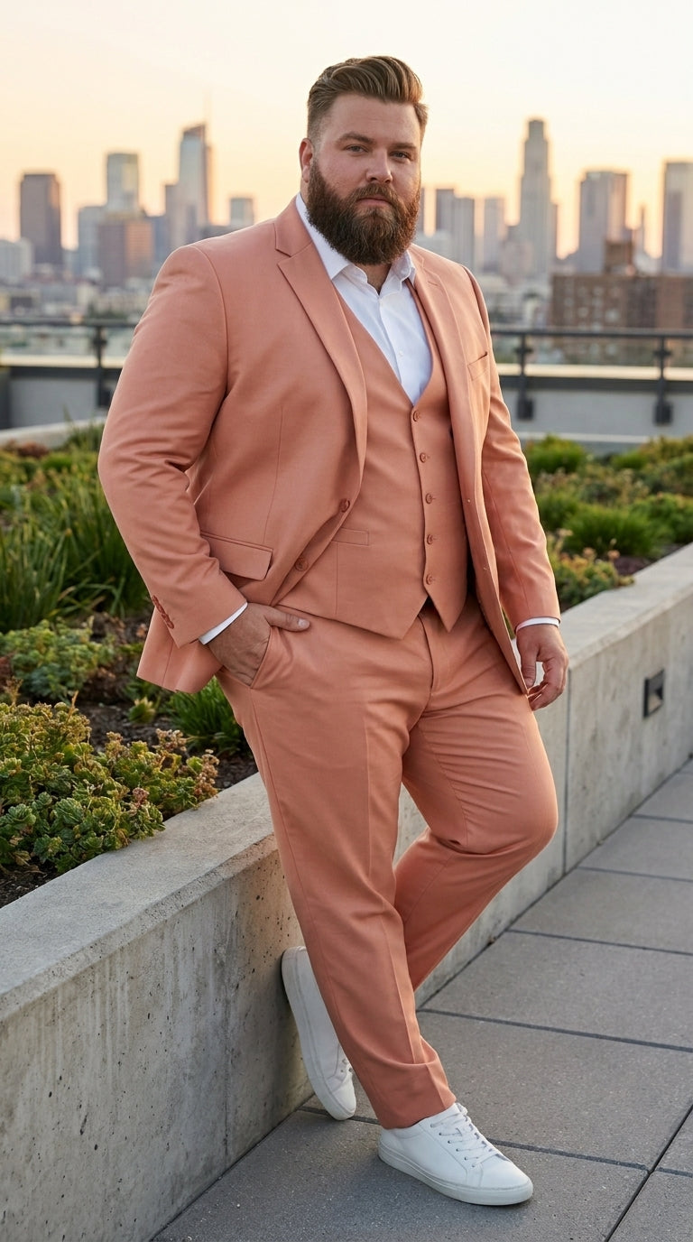 Men’s Peach Light Brown 3 Piece Suit – Wedding & Prom Formal Suit Set, Blazer Pants Double breasted vest - 34 Short or Extra Small