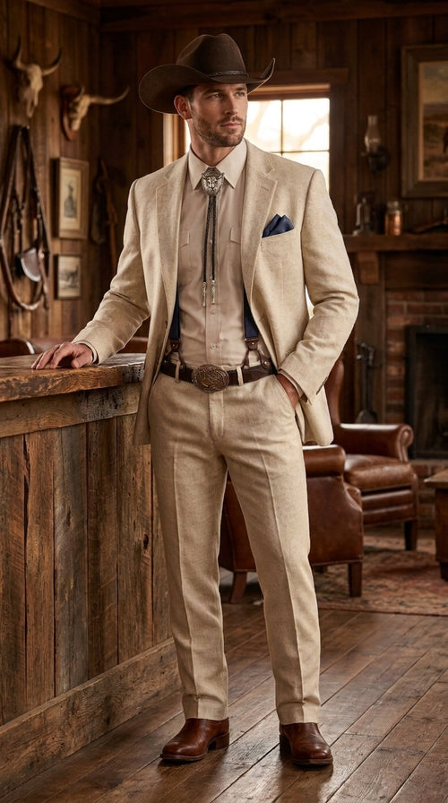 Men’s Natural Sand Linen Western Suit – Cowboy Wedding Jacket & Pants Linen Suit