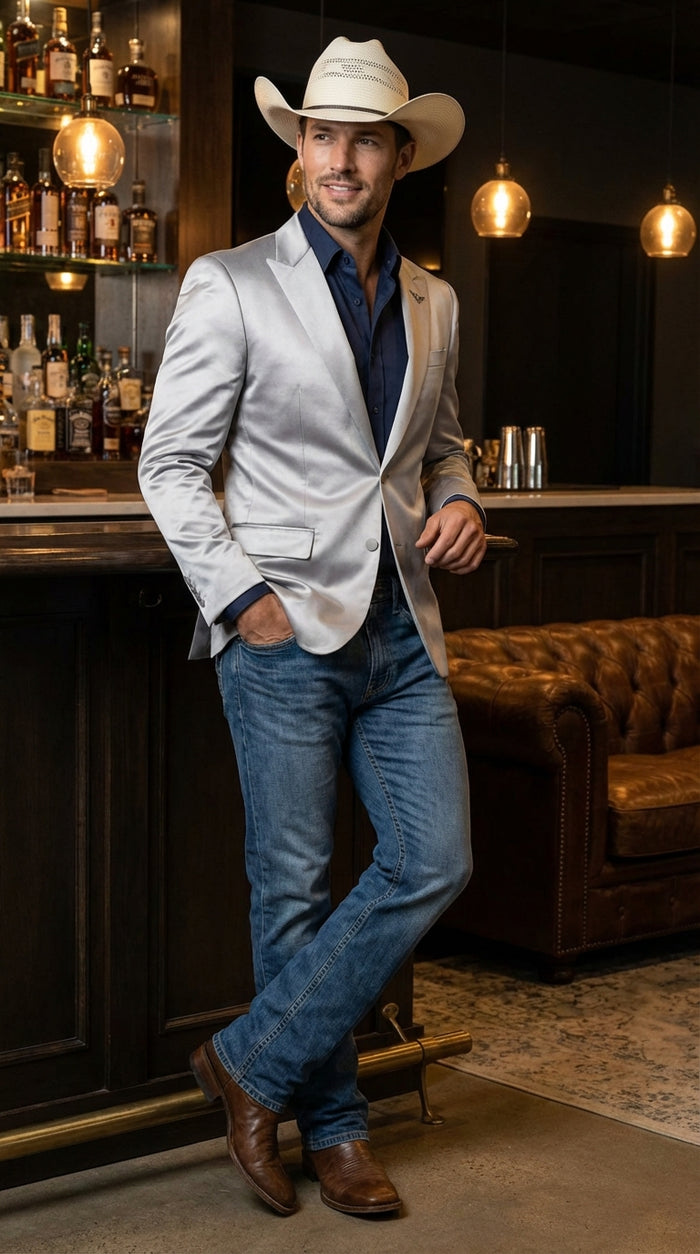 Mens Shiny Silver Cowboy Blazer Western Style Satin Finish Blazer for Party, Country Events and Evening Wear