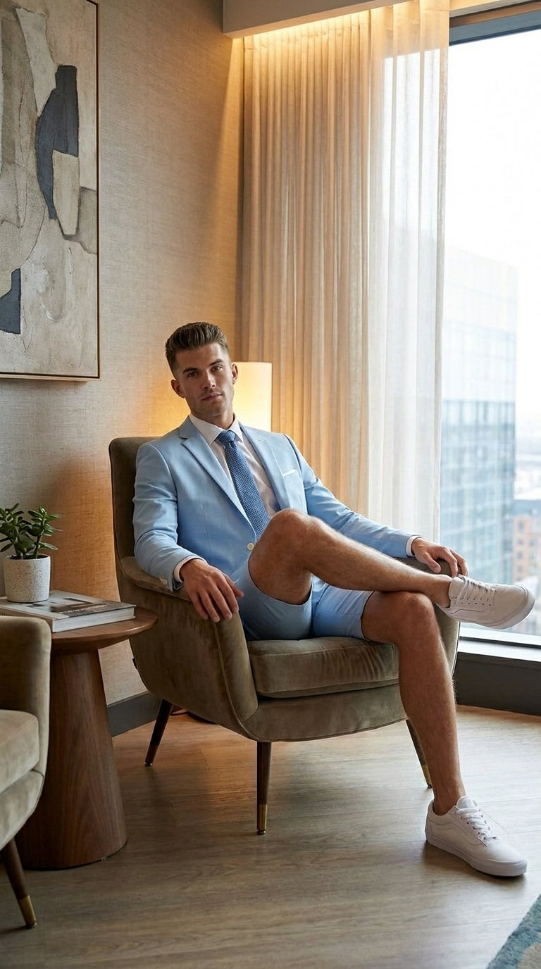 Men’s Light Blue Suit with Shorts – Casual Summer Blazer and Shorts Set for Wedding, Party and Smart Casual Wear - 36 Short
