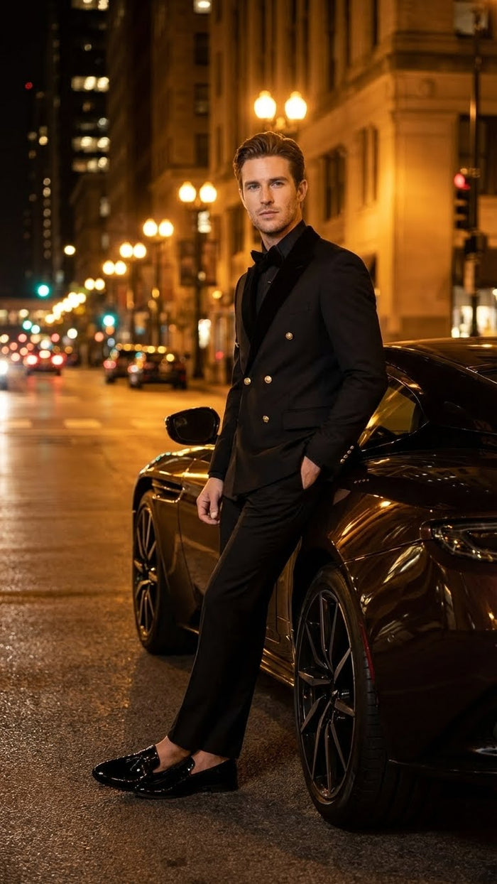 Mens Black Double Breasted Tuxedo Suit Luxury Formal Dinner Jacket Gold Buttons Velvet Lapel