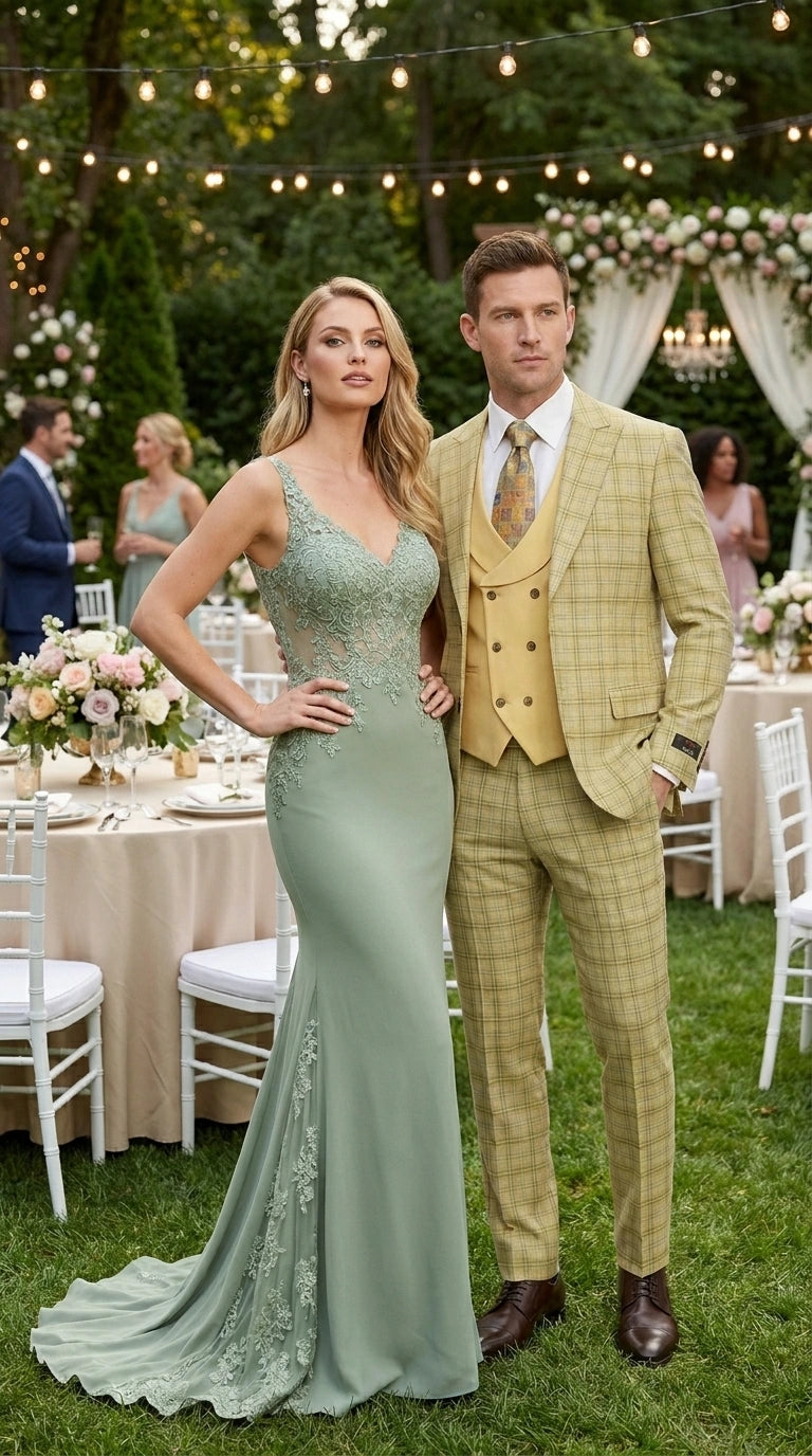 Vitali Men’s Sage Beige Tan Plaid 3 Piece Suit, Check Pattern Formal Dress Suit for Weddings, Prom, Business Events, Modern Fit Light Yellow Color - 34 Short or Extra Small