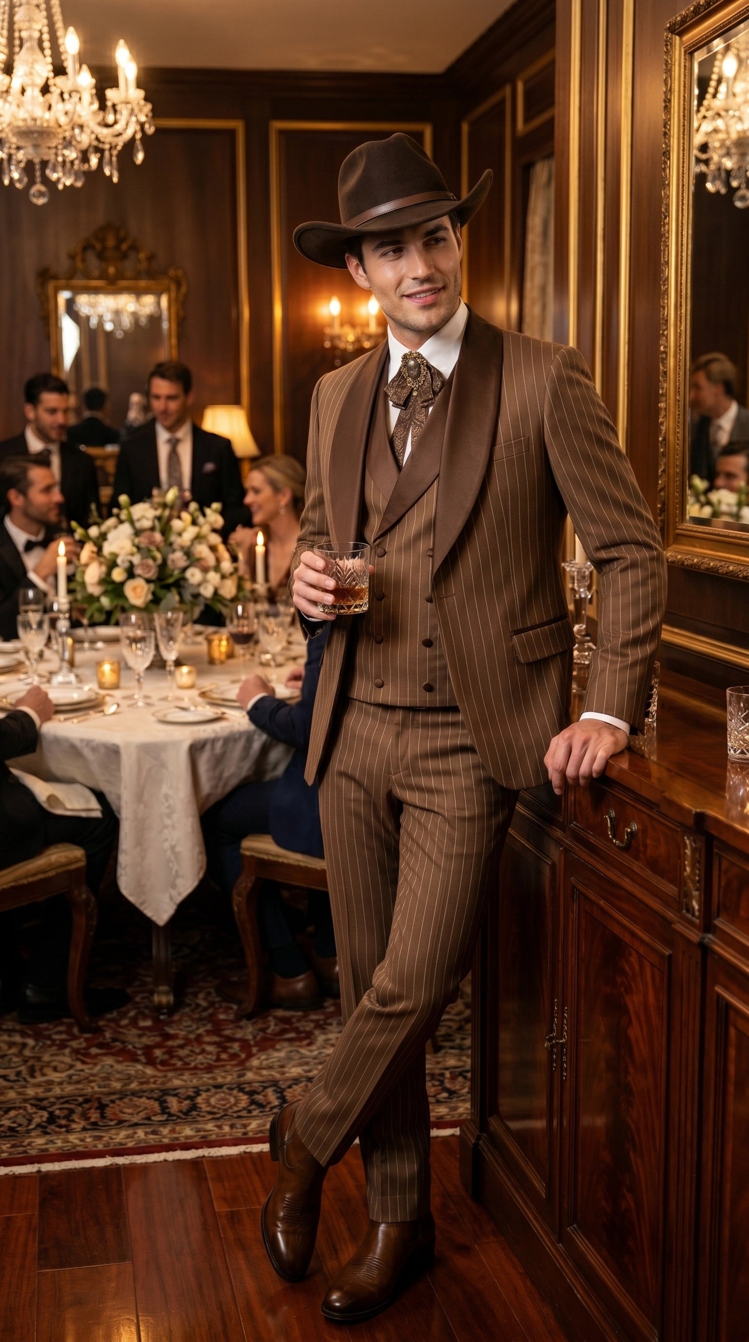 Men’s Brown Pinstripe Western Cowboy Tuxedo, Contrast Shawl Lapel Formal Suit for Weddings, Prom, Parties, and Special Occasions - 34 Short or Extra Small