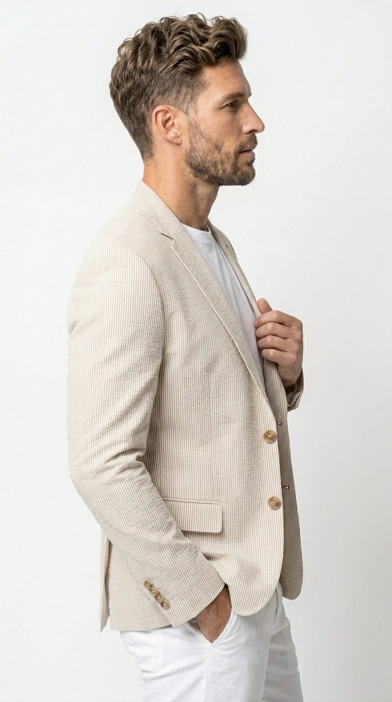 Men’s Beige Seersucker Summer Blazer, Lightweight Striped Sport Coat for Weddings, Parties, Beach Events in Tan Color - 36 Short