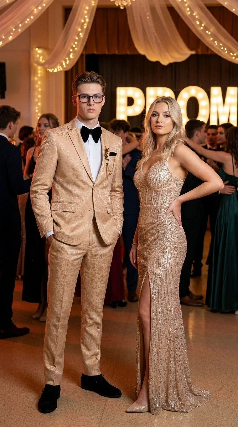 Men’s Champagne Gold Paisley Prom Tuxedo, Formal Dinner Suit for Prom, Weddings, Parties in Tan Color - 34 Short or Extra Small