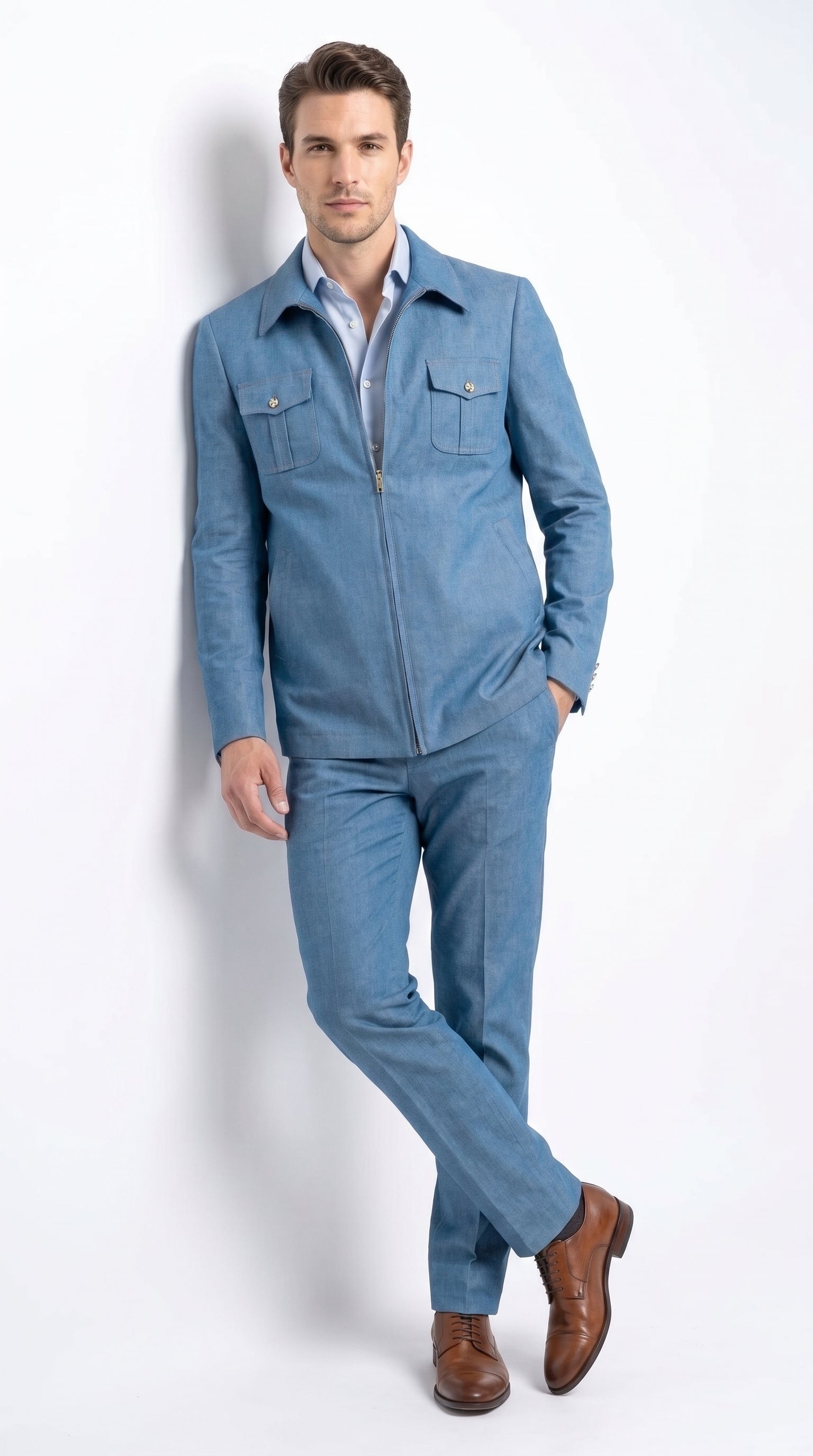 Men’s Light Blue Walking Suit – 2 Piece Casual Leisure Set with Zip Front Jacket Denim Style - Small