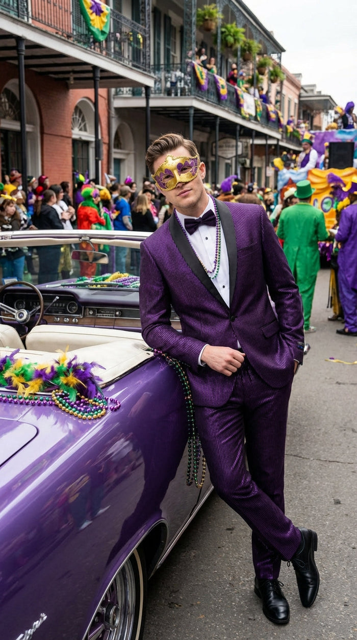 Mens Purple Shimmer Mardi Gras Suit with Black Satin Lapel Shiny Metallic Formal Party and Carnival Suit Sequin Look