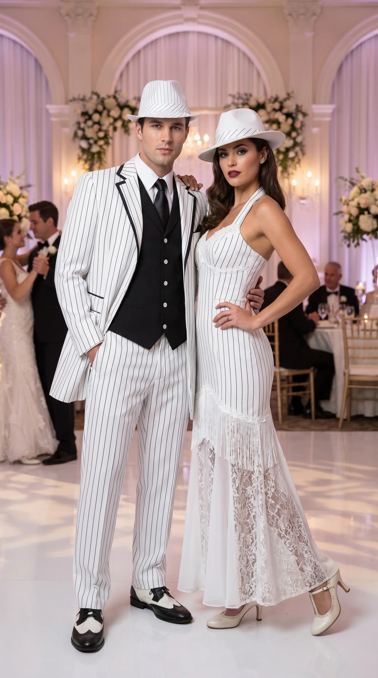 Men’s White Pinstripe 1920s Gangster 3 Piece Suit, Black Contrast Formal Costume Suit for Parties, Prom, Weddings, and Theme Events - 34 Short or Extra Small