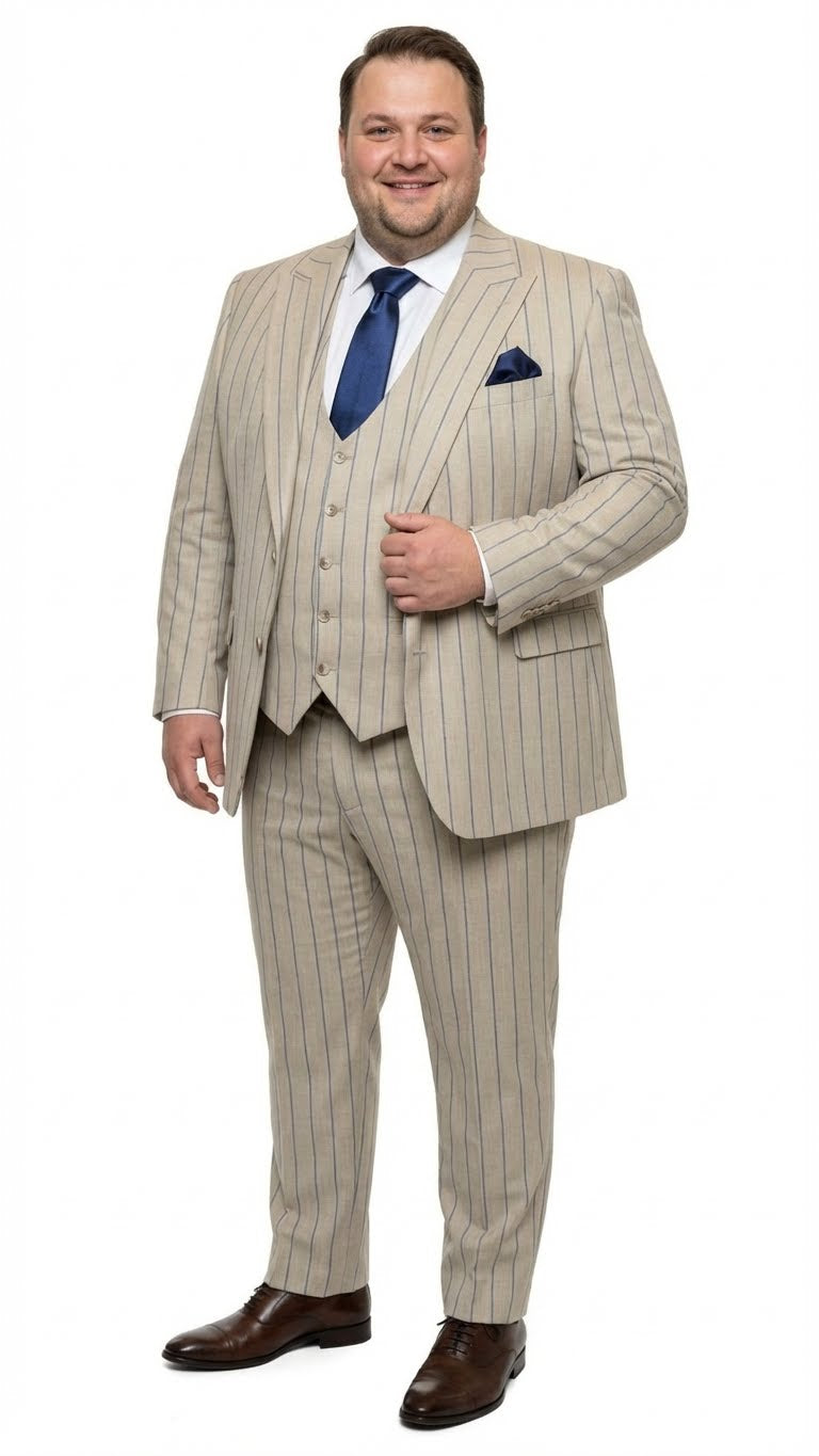 Men's Beige with blue Pinstripe Three-Piece Suit with Vest by Rossiman Vested Peak Lapel in Tan Stripe 1920s style - 34 Short or Extra Small