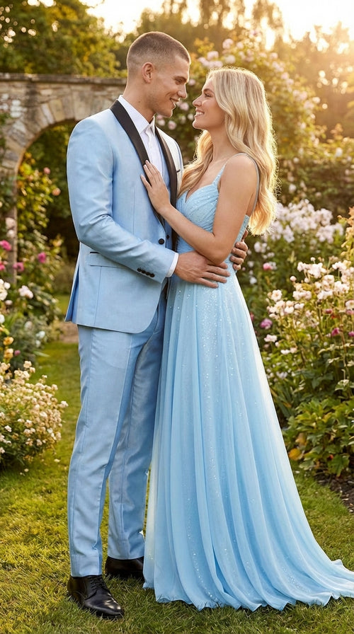 Mens Light Blue Shiny 3 Piece Suit with Black Shawl Lapel | Formal Wedding Prom Suit - Sateen Sharskin Suit