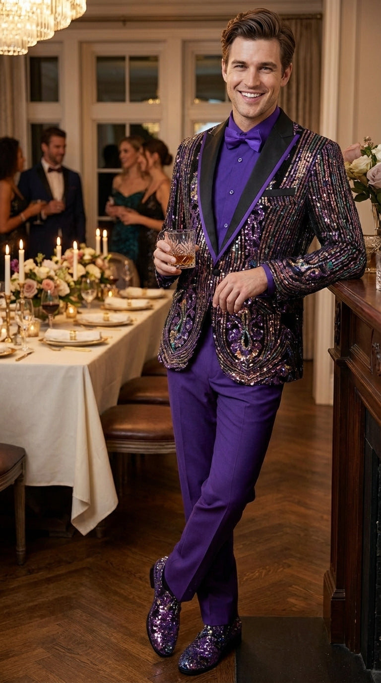 Mens Mardi Gra Black and Purple and Gold Sequin Tuxedo Jacket Set – Designer with Floral Pattern Jacket Formal Wedding Party Wear Bowtie - 36 Short