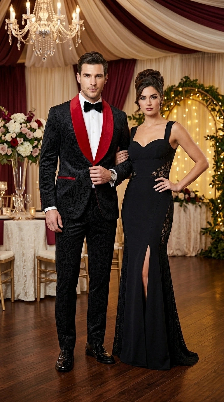 Men’s Black Paisley 2 Piece Suit with Red Shawl Lapel, Formal Wedding Prom Party Suit Set - 34 Short or Extra Small