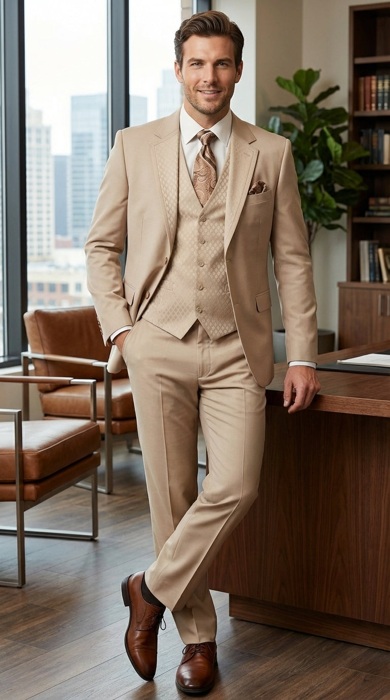 Men’s Tan Beige 3 Piece Tuxedo Suit – Beige Formal Suit Set with Vest, Patterned Lapel and Tie for Wedding, Prom in Tan Khaki Color - 34 Short or Extra Small