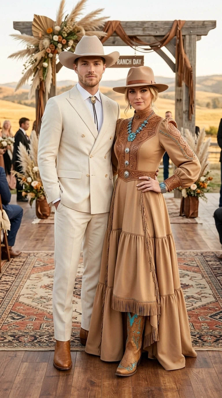 Men’s Tan Linen Cowboy Suit, Double Breasted Western Wedding Formal Western Suit Country style in Beige Tan Color - 34 Short or Extra Small