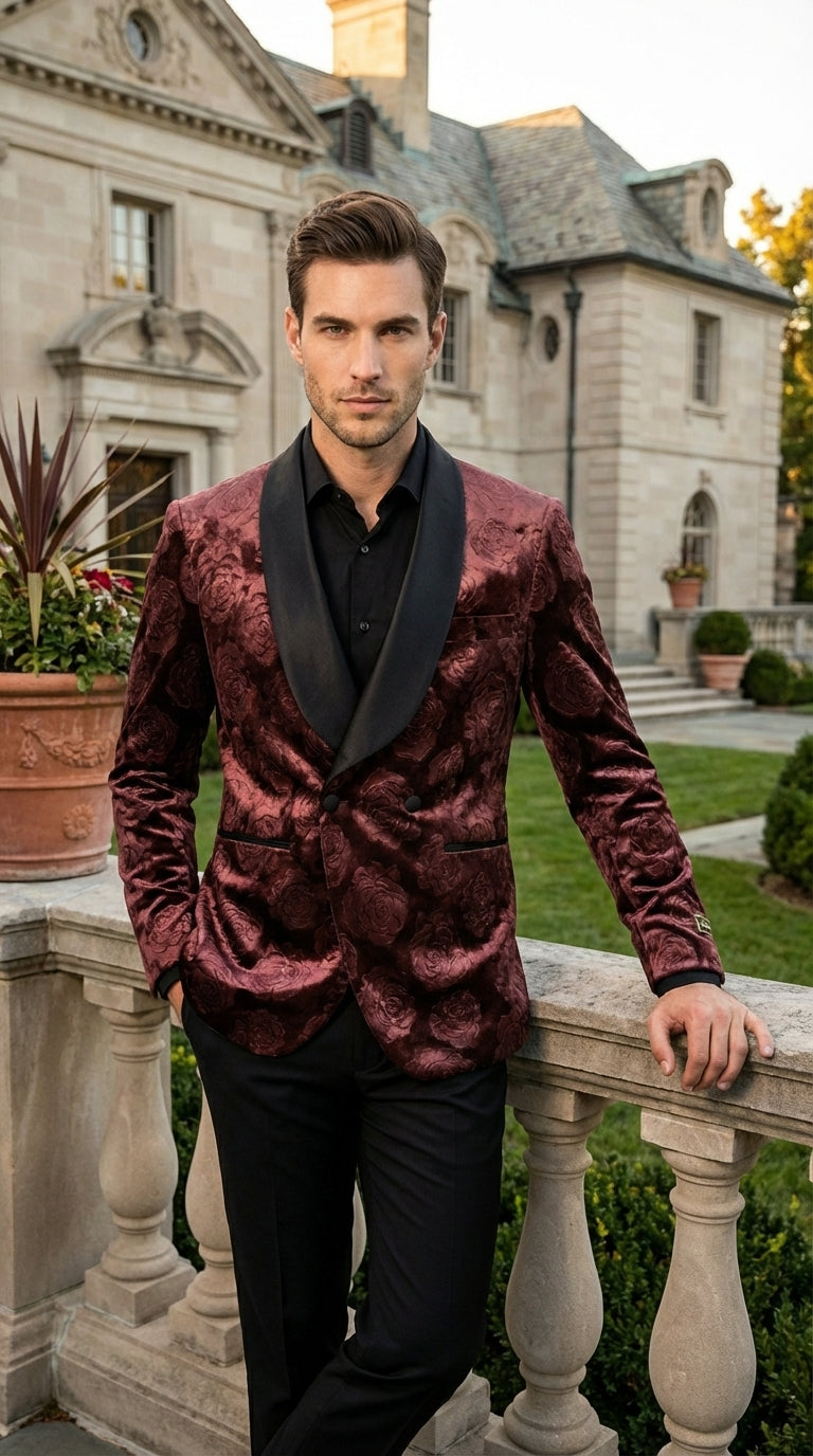 Mens Rust Copper Brick color Floral Jacquard Pasiley Blazer – Pattern Dinner Jacket with Black Shawl Lapel for Formal dinners and Wedding - 36 Short