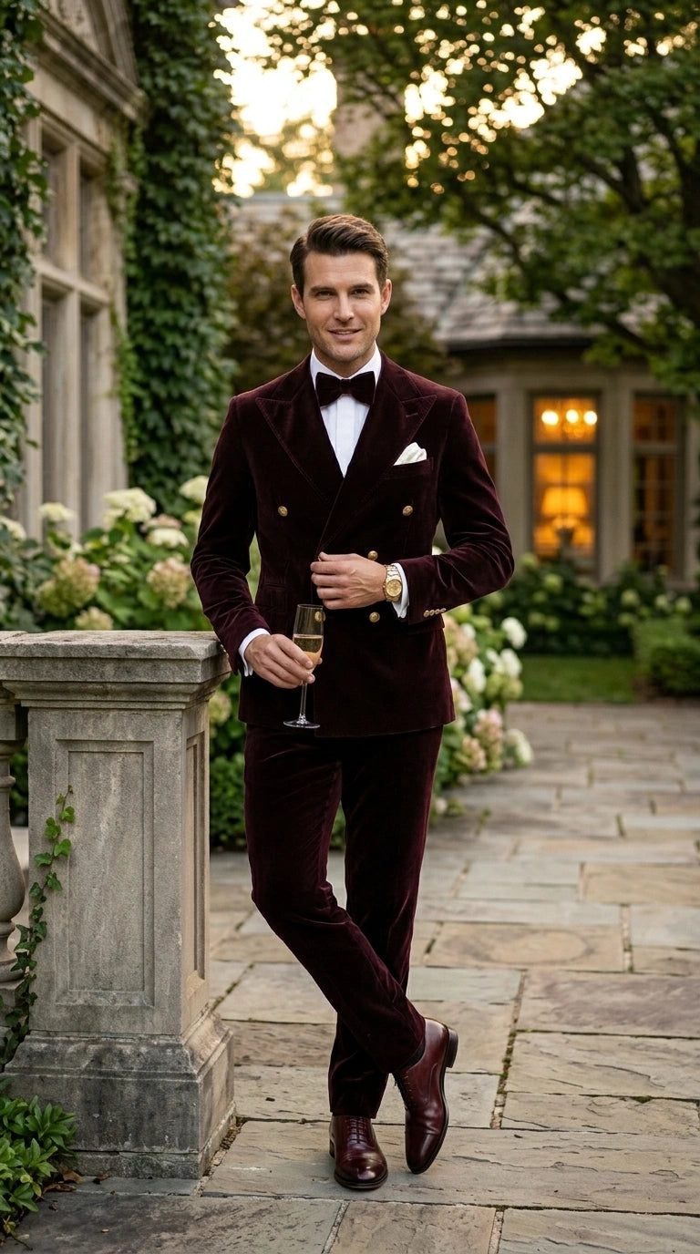 Men’s Dark Brown Velvet Blazer and Pants 2 Piece Suit, Double Breasted Formal Dinner Suit for Weddings, Prom - 34 Short or Extra Small