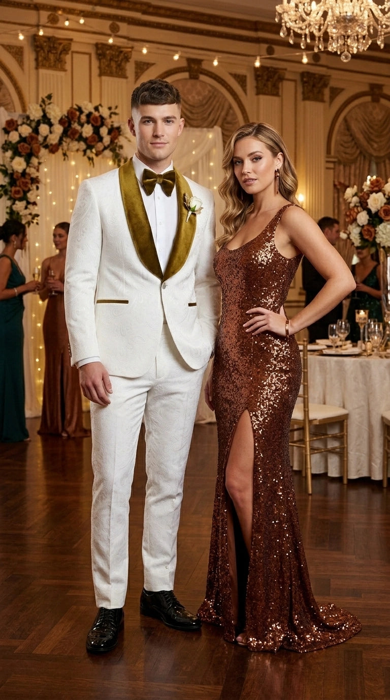 Men’s White Paisley 3 Piece With Vest Prom Tuxedo with Gold Velvet Shawl Lapel, Formal Wedding Suit Set - 34 Short or Extra Small
