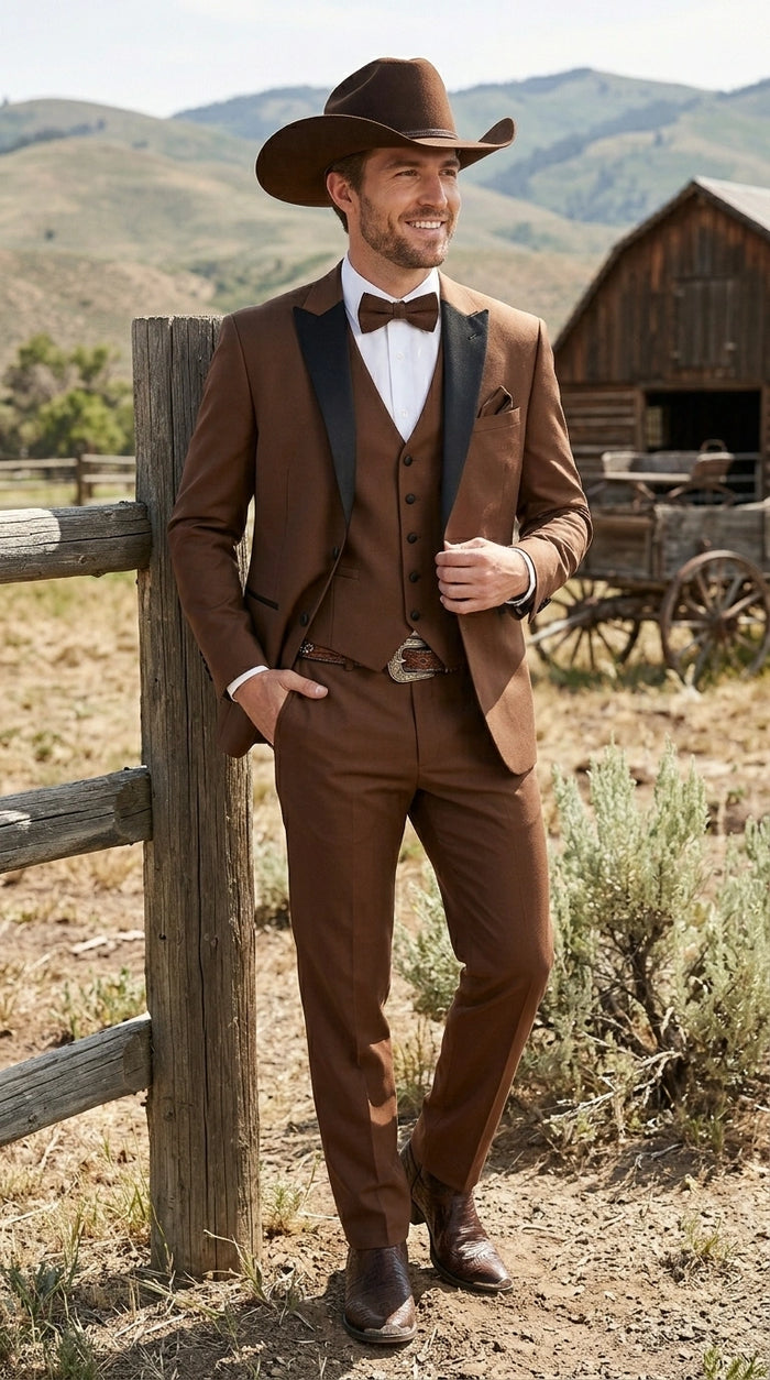 Men’s Light Brown Western Tuxedo 3 Piece Suit with Black  Collar Lapel, Country Look Cowboy Suit