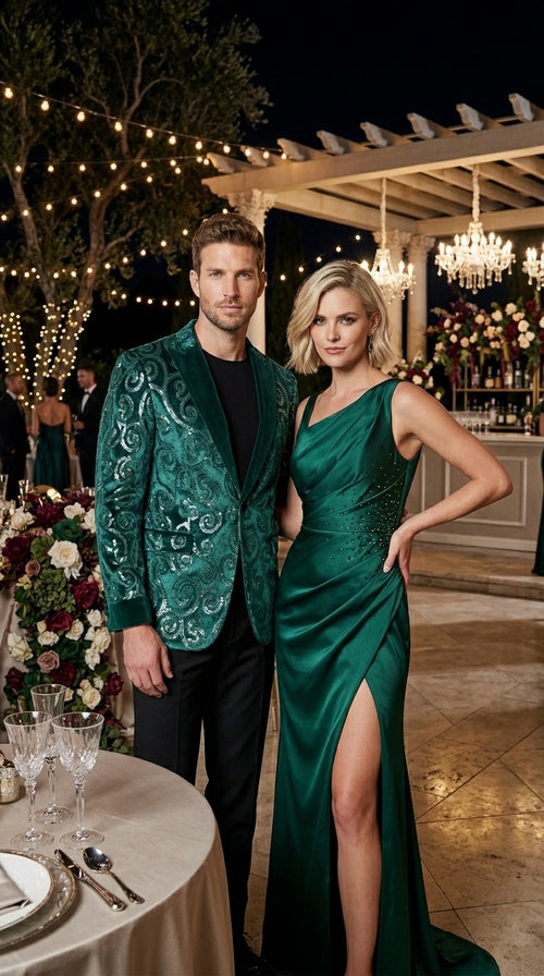 Men’s Emerald Green Paisley Tuxedo Dinner Jacket with Black Lapel, Formal Prom Wedding Party Blazer