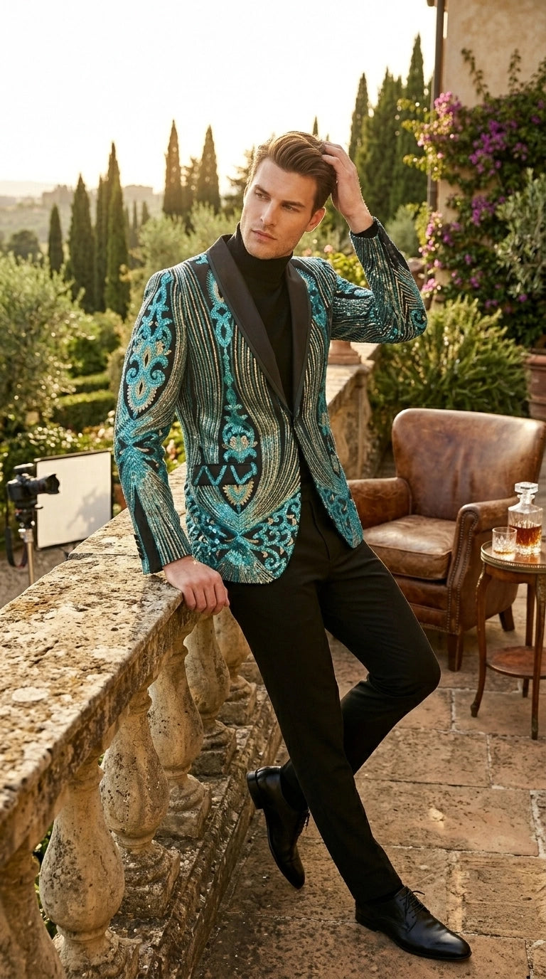Men’s Black and Turquoise Blue With teal green Sequin Dinner Jacket, Formal Prom Wedding Paisley Floral Mardi Gra Pattern - 36 Short