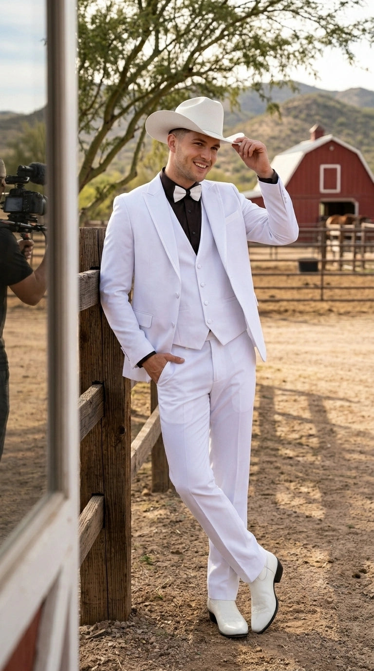 Men’s White Western Cowboy 3 Piece Tuxedo Suit, Formal Wedding Prom Groom Suit Set - 34 Short or Extra Small