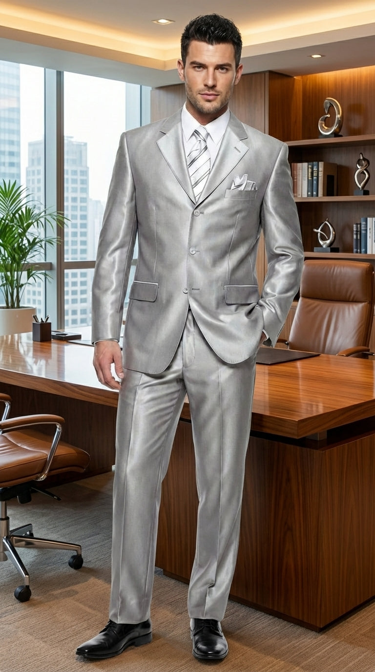 Men’s Silver Grey Sharkskin Suit – 3 Button Classic Fit Shiny Formal Suit for Wedding, Business and Party Wear - 34 Short or Extra Small