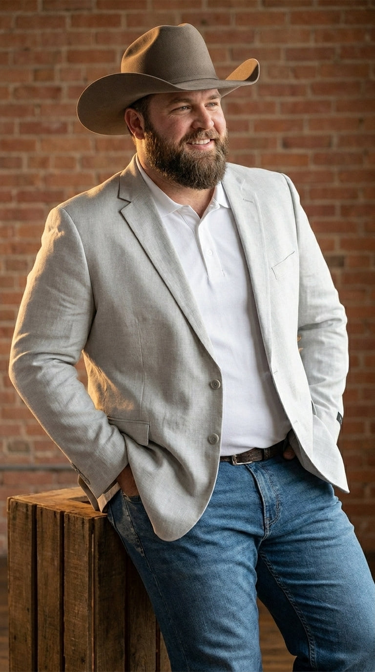 Men’s Very Light Grey - Linen Western Cowboy Blazer, Formal Sport Coat for Weddings, Parties, Country Events, and Casual Dress Wear in Ice Ash Color - 36 Short
