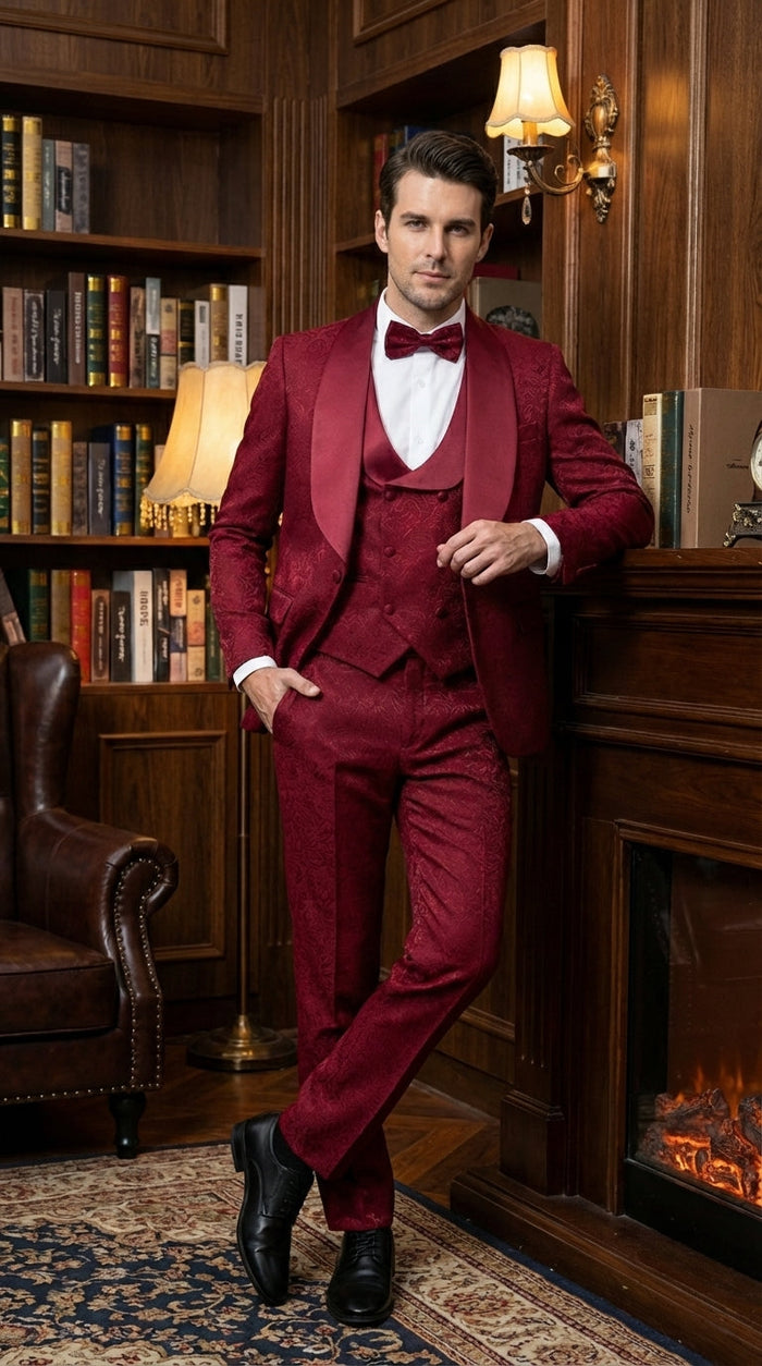 Mens Burgundy Wedding Tuxedo Suit – Paisley Three Piece Formal Suit Set with Shawl Lapel for Groom, Prom