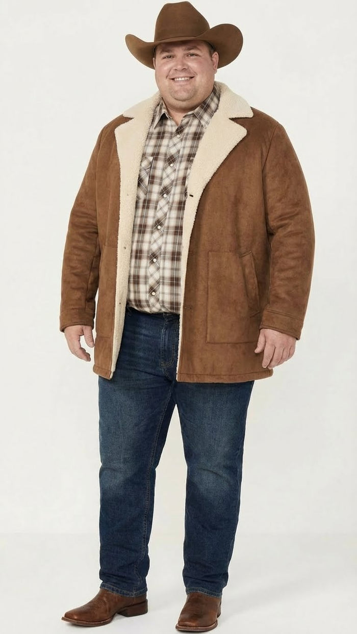 Mens Brown Western Faux Suede Blazer Coat Cowboy Style Long Jacket for Wedding, Party and Special Events