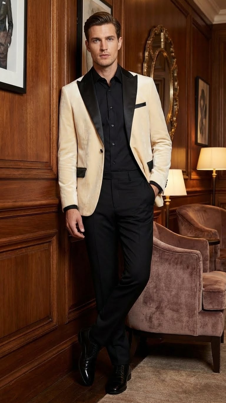 Men’s Ivory Dinner Jacket - Cream Velvet Blazer with Black Satin Lapel | Wedding and Party Formal Sport Coat in off white - S